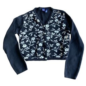 GAP Cotton Black Floral Cropped Cardigan